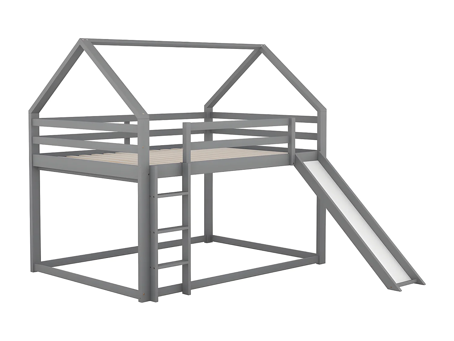 Lit superposé cabane avec toboggan et échelle - 140x200cm - cadre en pin massif - Gris