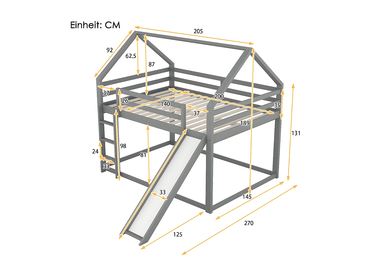 Lit superposé cabane avec toboggan et échelle - 140x200cm - cadre en pin massif - Gris