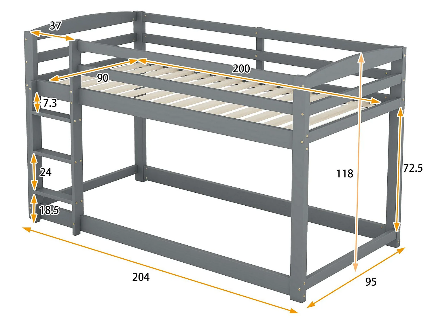 Lit superposé en pin avec barrières anti-chutes + échelle - 90x200cm - Gris
