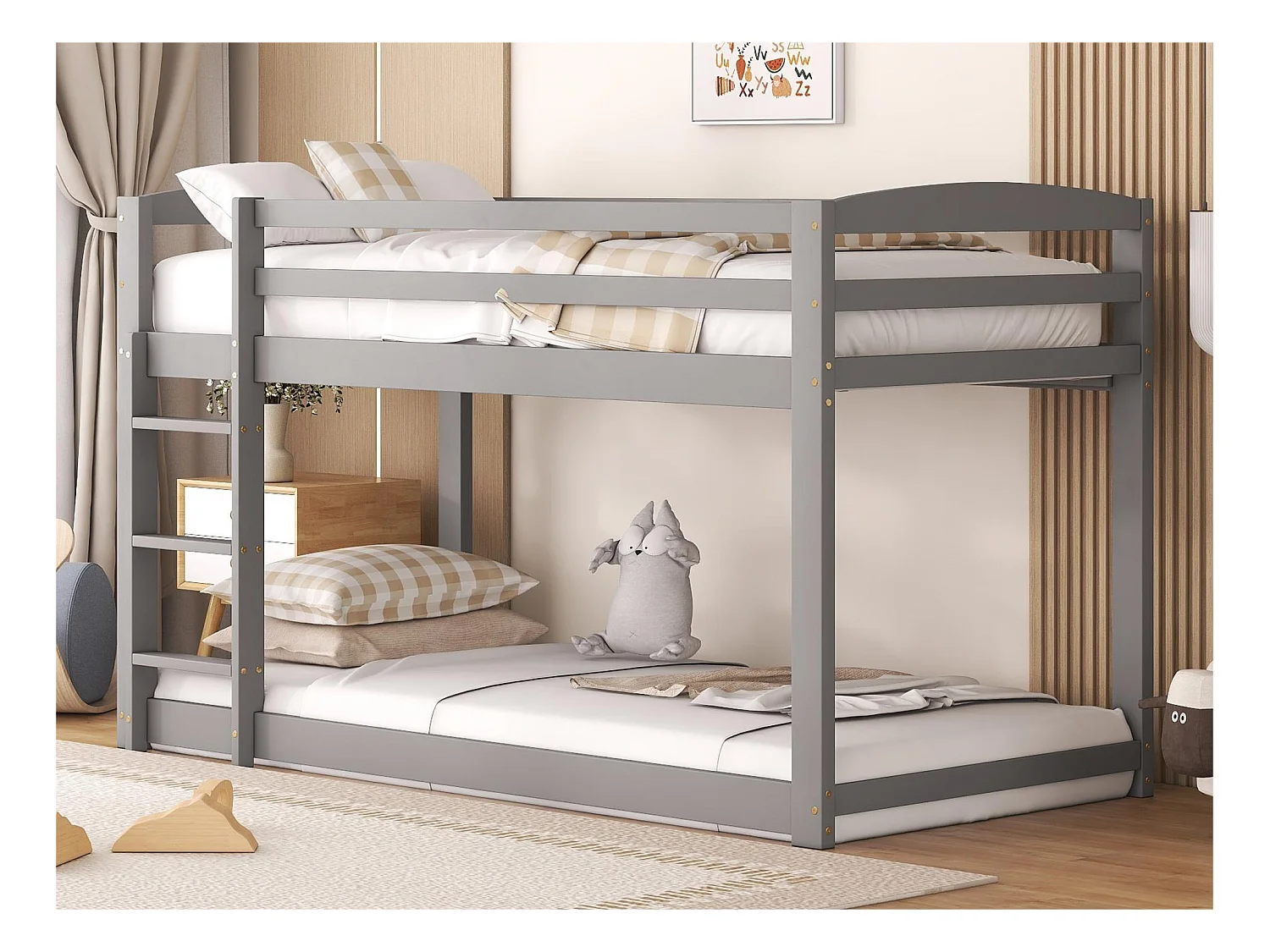 Lit superposé en pin avec barrières anti-chutes + échelle - 90x200cm - Gris