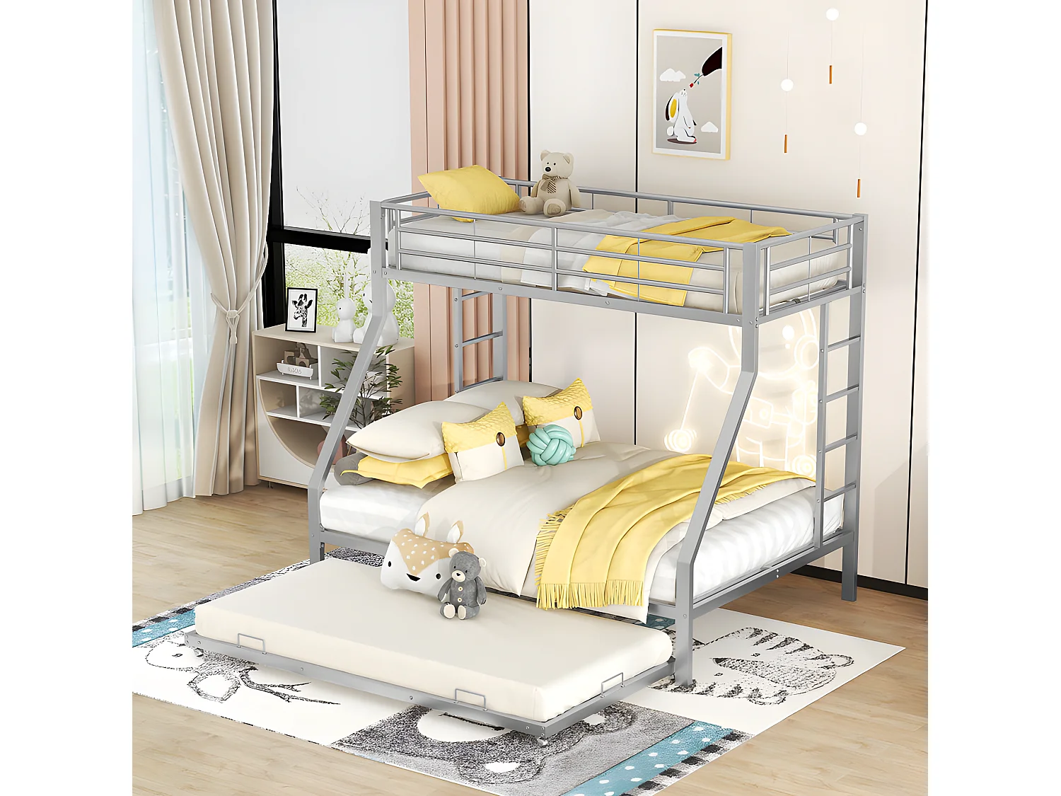 Lit superposé avec échelle - 90x200cm + 140x200cm - cadre en métal - Argenté