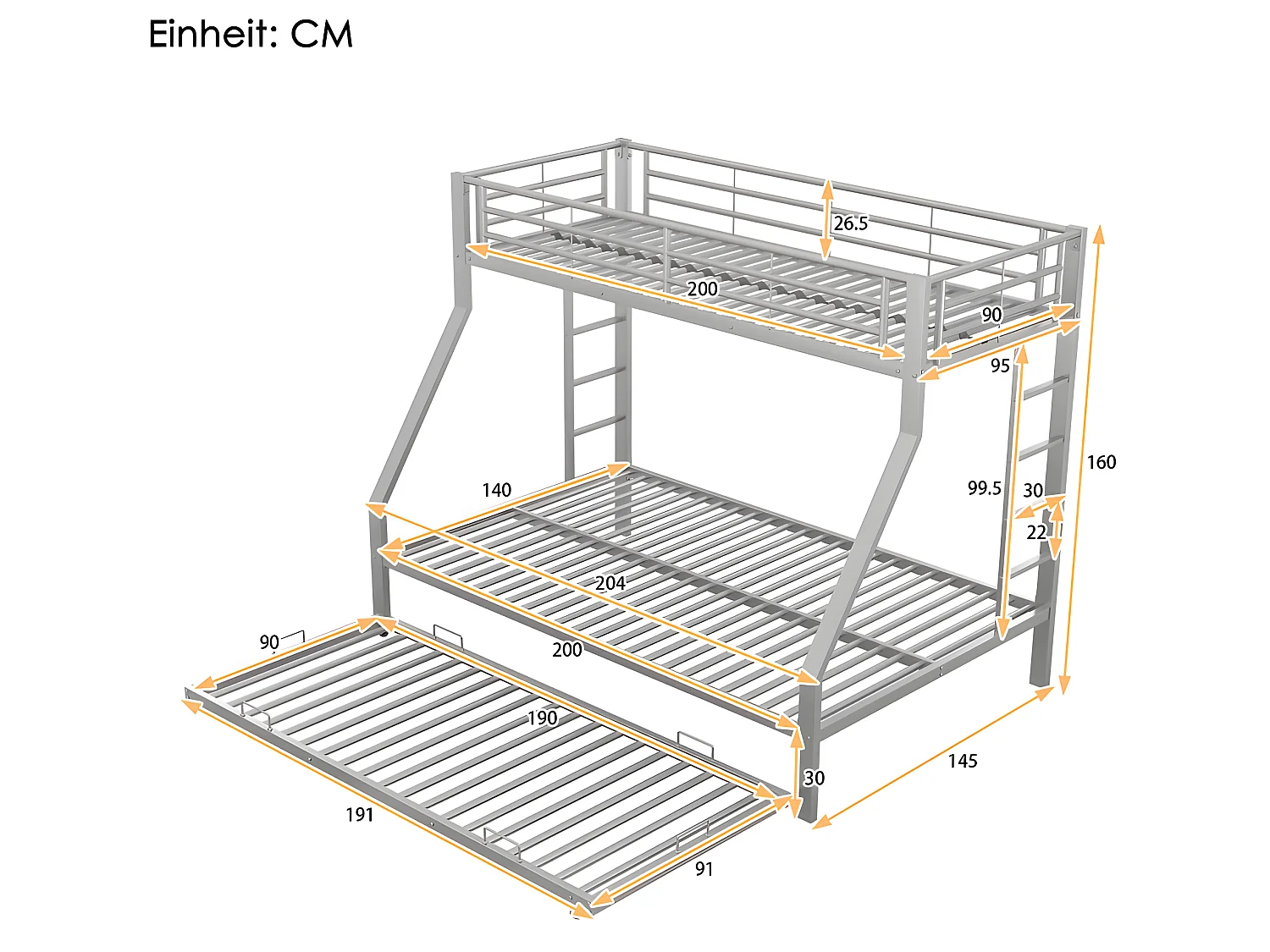Lit superposé avec échelle - 90x200cm + 140x200cm - cadre en métal - Argenté