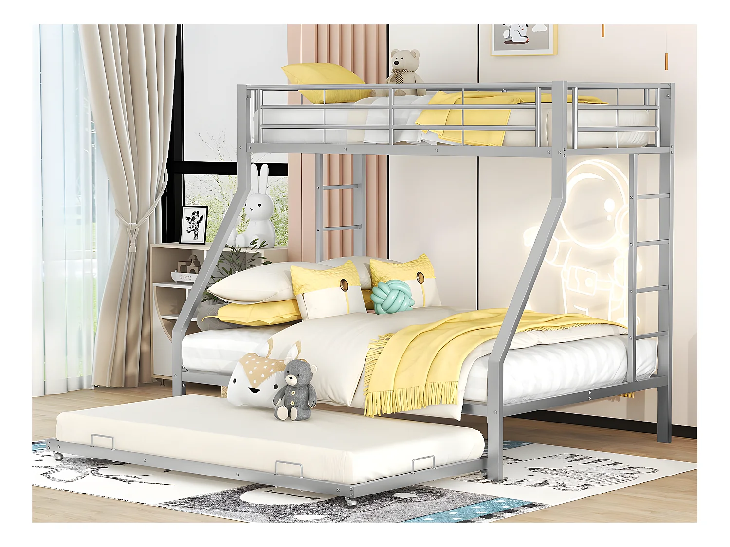 Lit superposé avec échelle - 90x200cm + 140x200cm - cadre en métal - Argenté