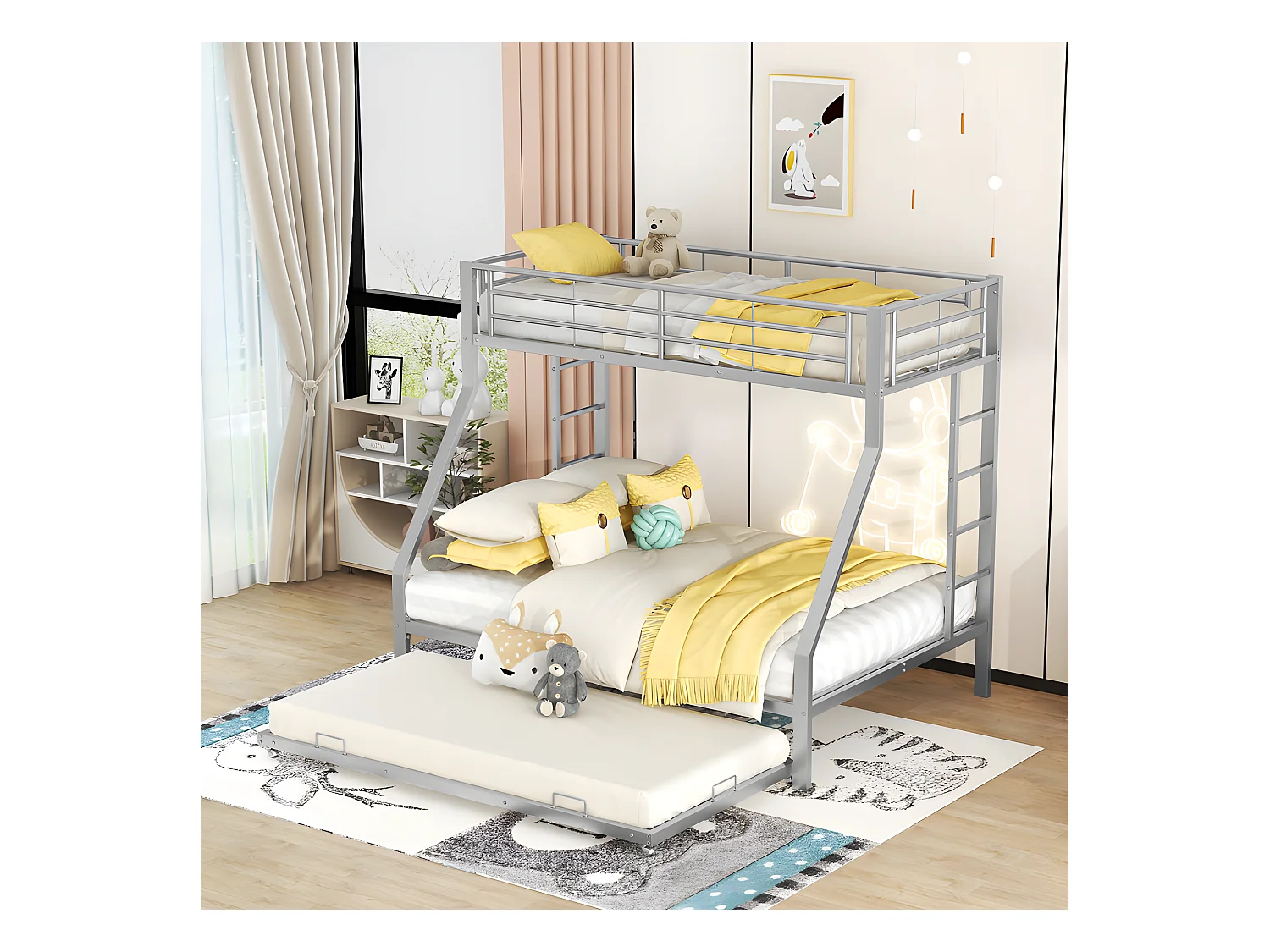 Etagenbett mit Leiter – 90 x 200 cm + 140 x 200 cm – Metallrahmen – Silber