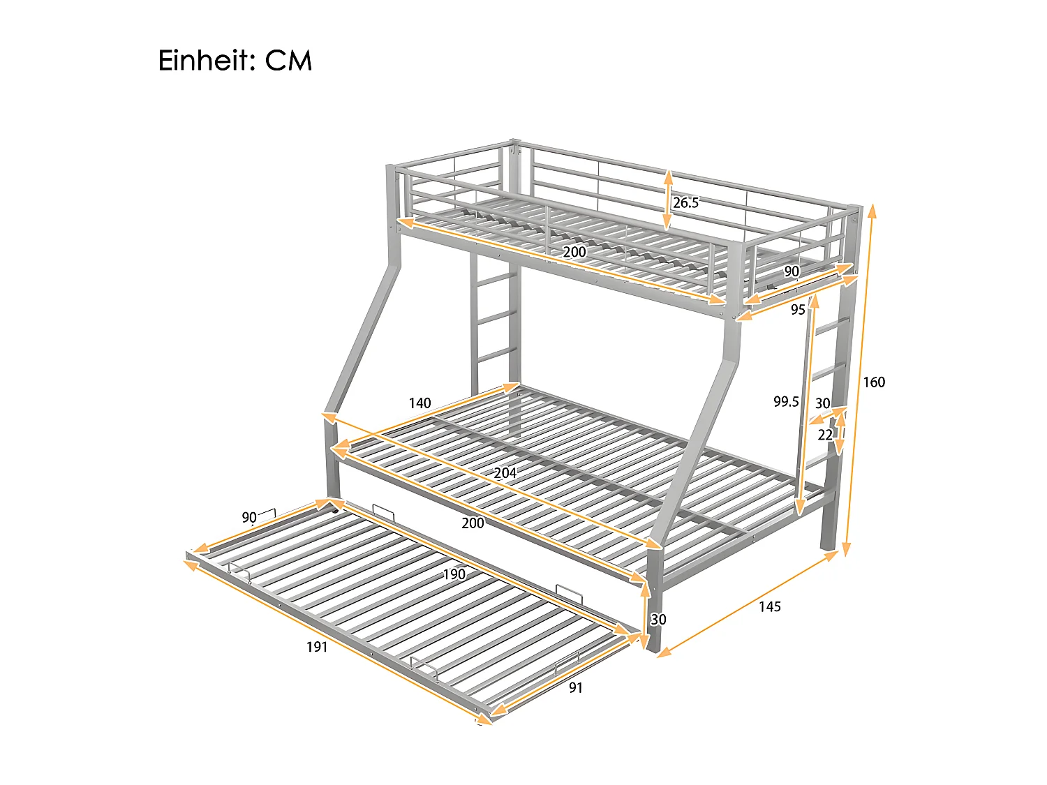 Etagenbett mit Leiter – 90 x 200 cm + 140 x 200 cm – Metallrahmen – Silber