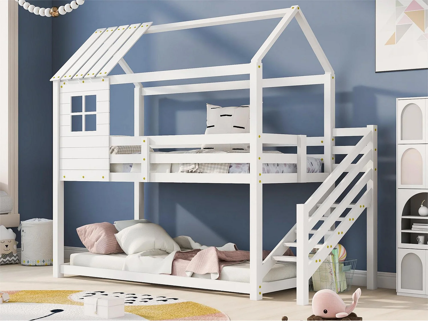 Litera tipo cabaña de madera de pino - 90x200 cm - con escaleras - Blanco