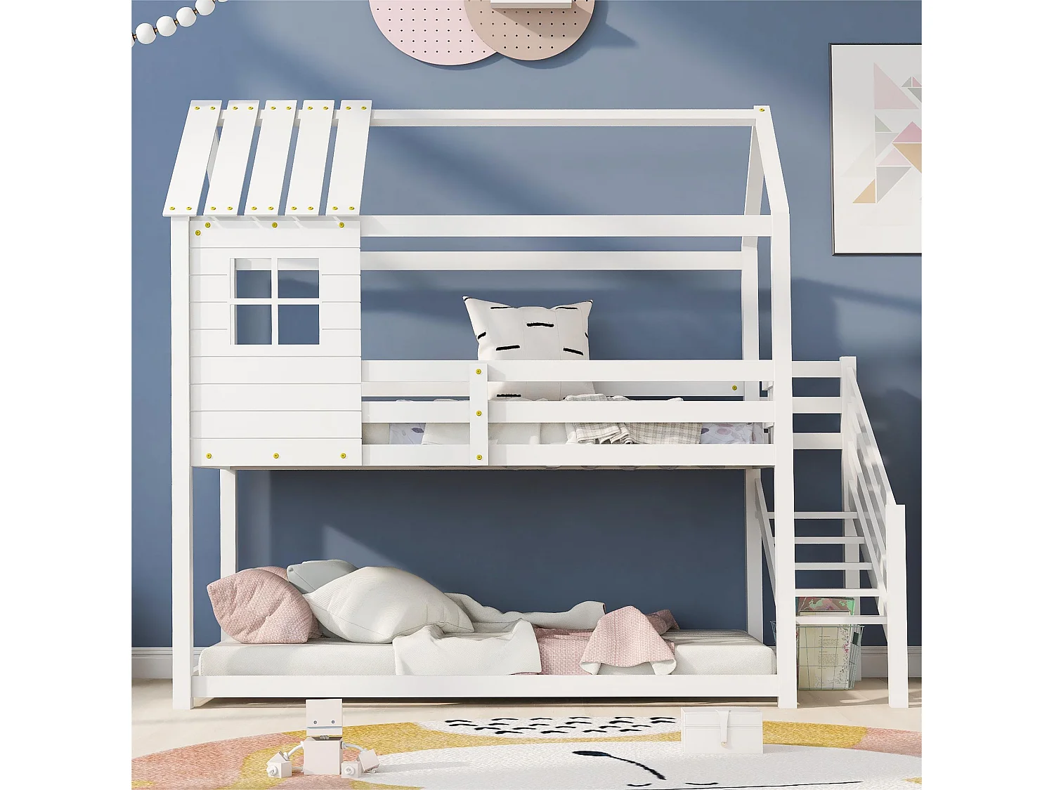 Litera tipo cabaña de madera de pino - 90x200 cm - con escaleras - Blanco