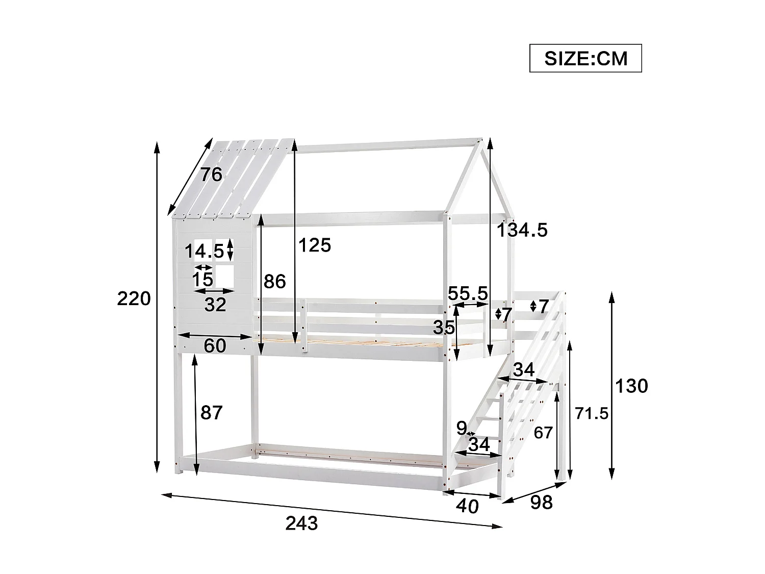 Litera tipo cabaña de madera de pino - 90x200 cm - con escaleras - Blanco