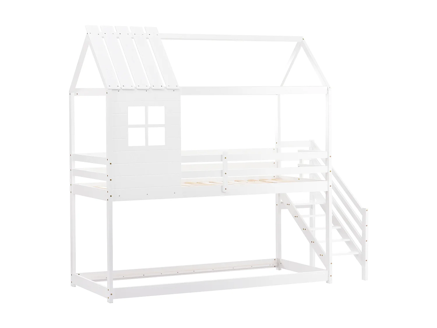 Litera tipo cabaña de madera de pino - 90x200 cm - con escaleras - Blanco