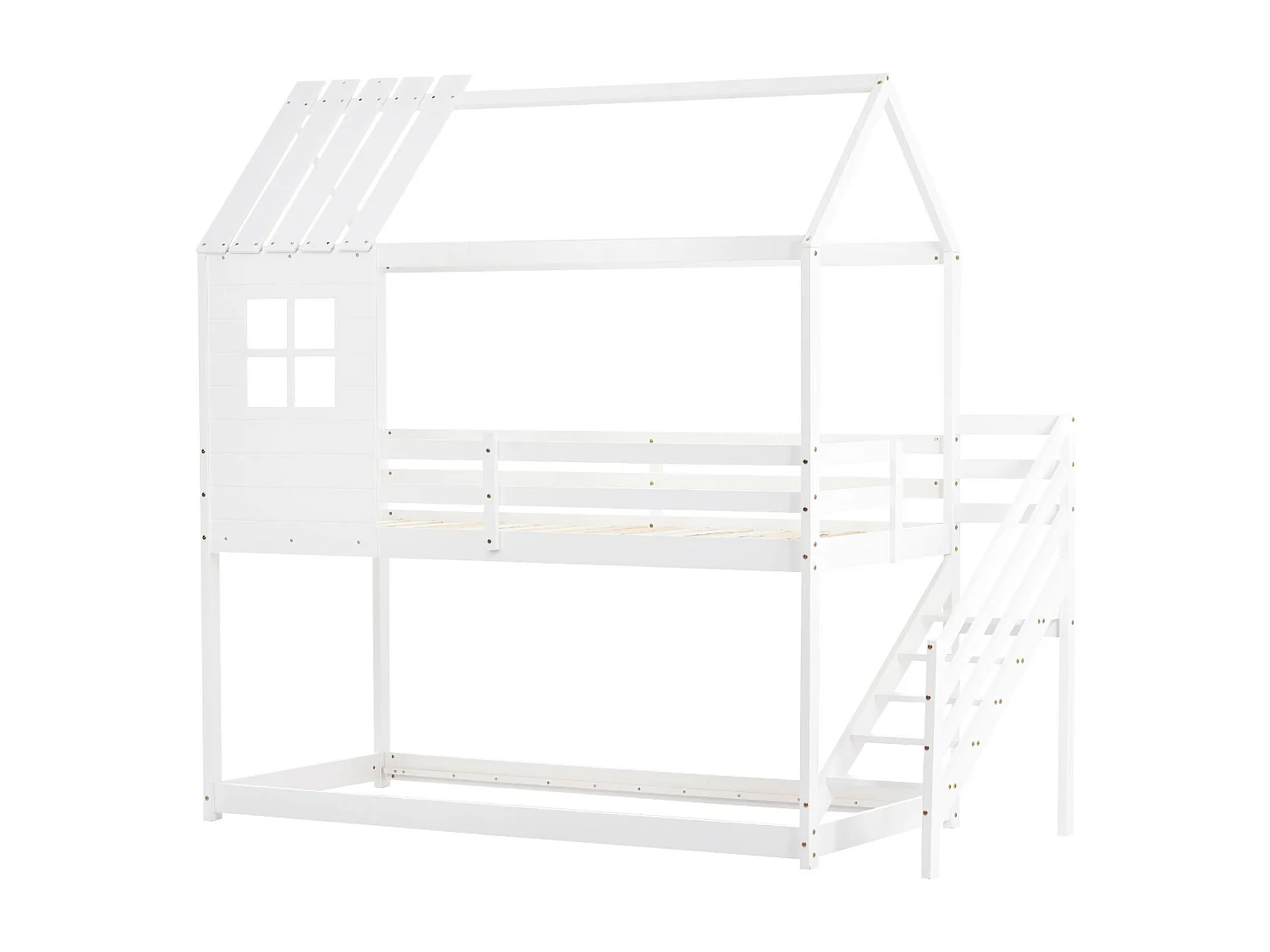 Litera tipo cabaña de madera de pino - 90x200 cm - con escaleras - Blanco