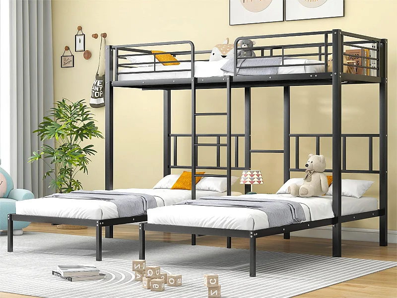 Driedubbel stapelbed 3x90x200cm met ladder en dienblad - metalen frame - Zwart