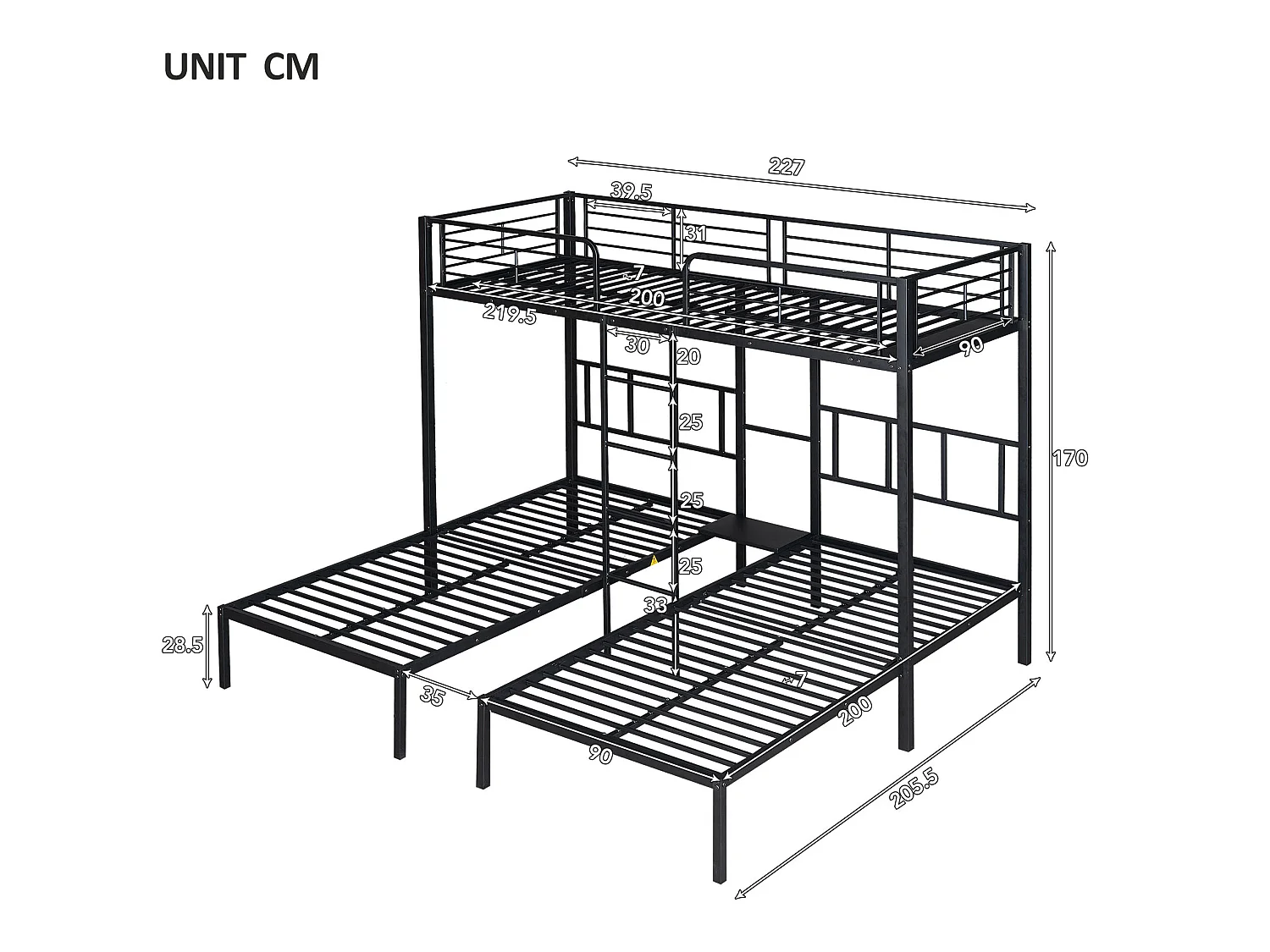 Dreifaches Etagenbett 3x90x200cm mit Leiter und Tablett - Metallrahmen - Schwarz