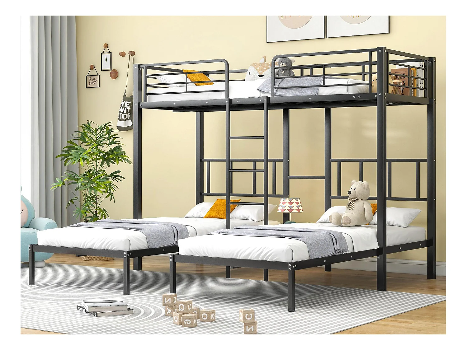 Lit superposé triple 3x90x200cm avec échelle et un plateau - cadre en métal - Noir