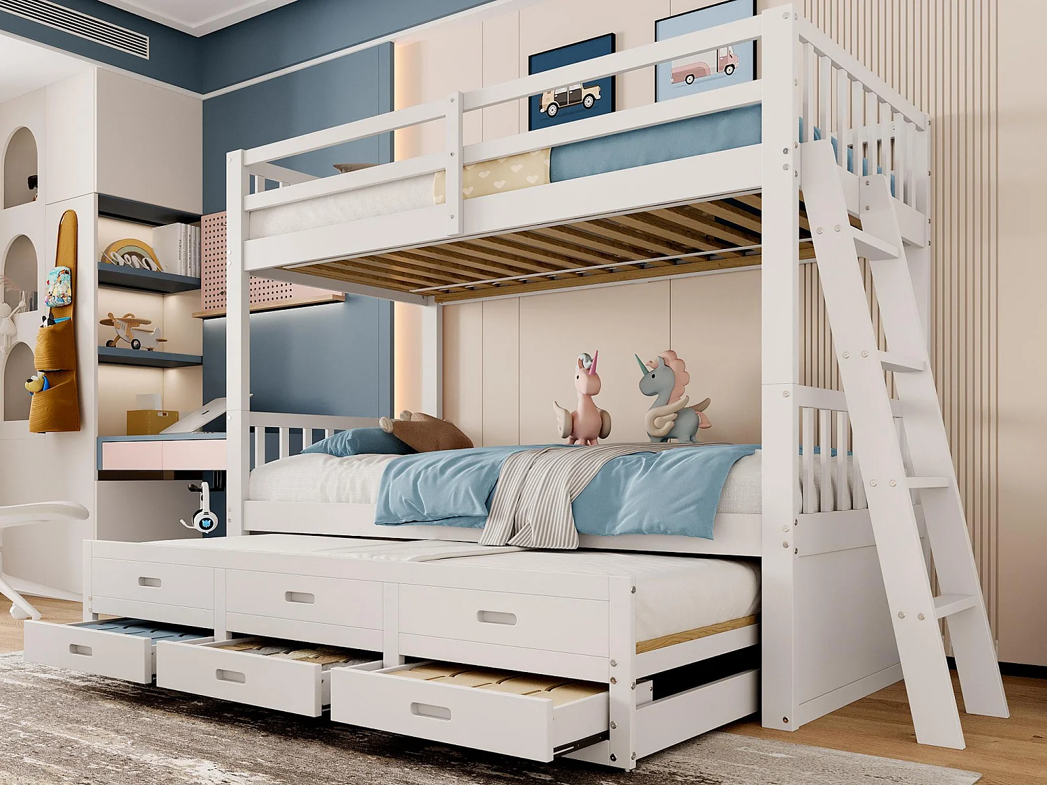 Etagenbett 90x200cm – mit Ausziehbett und 3 Schubladen – aus massivem Kiefernholz und MDF – Weiß