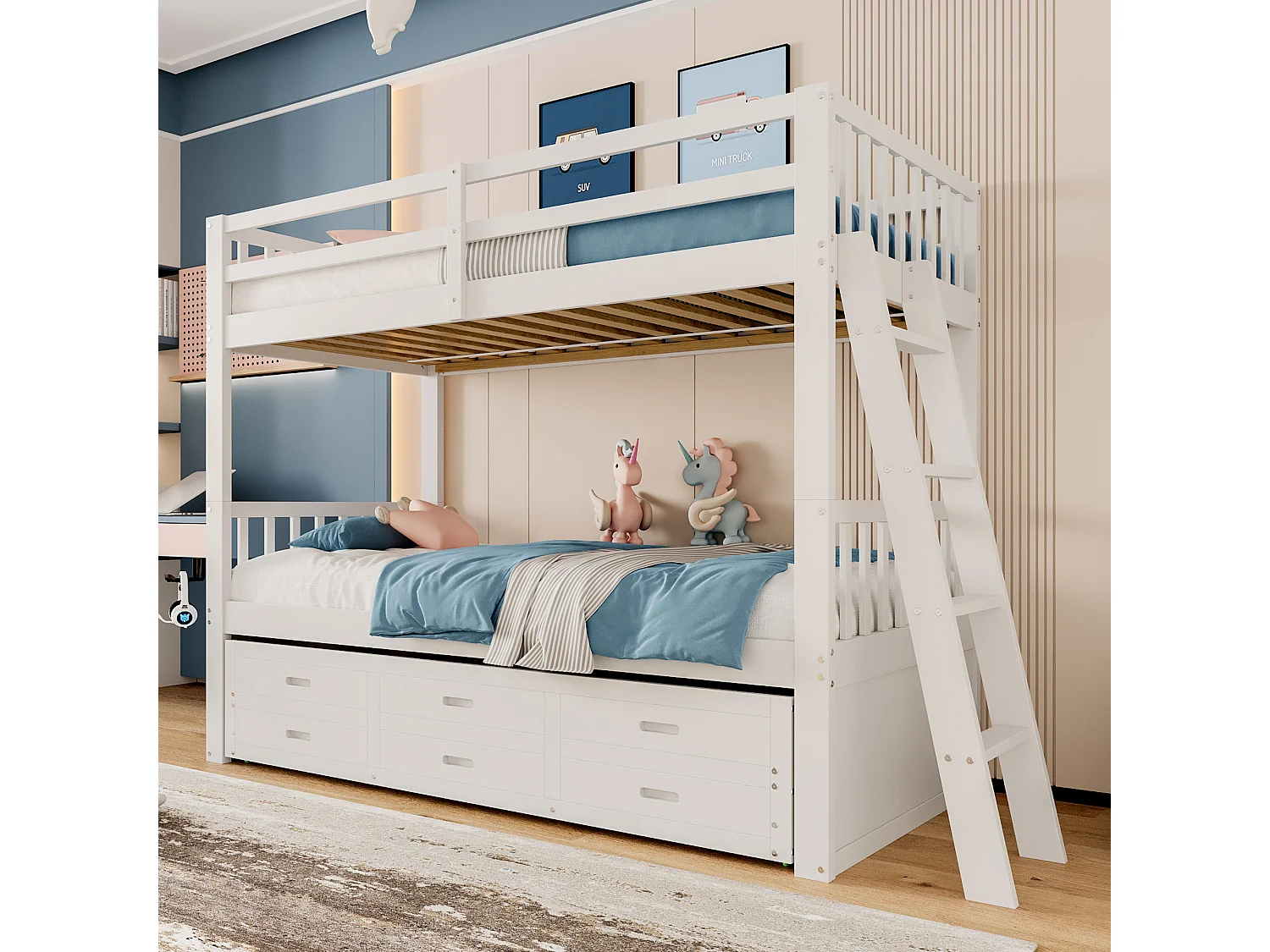 Etagenbett 90x200cm – mit Ausziehbett und 3 Schubladen – aus massivem Kiefernholz und MDF – Weiß