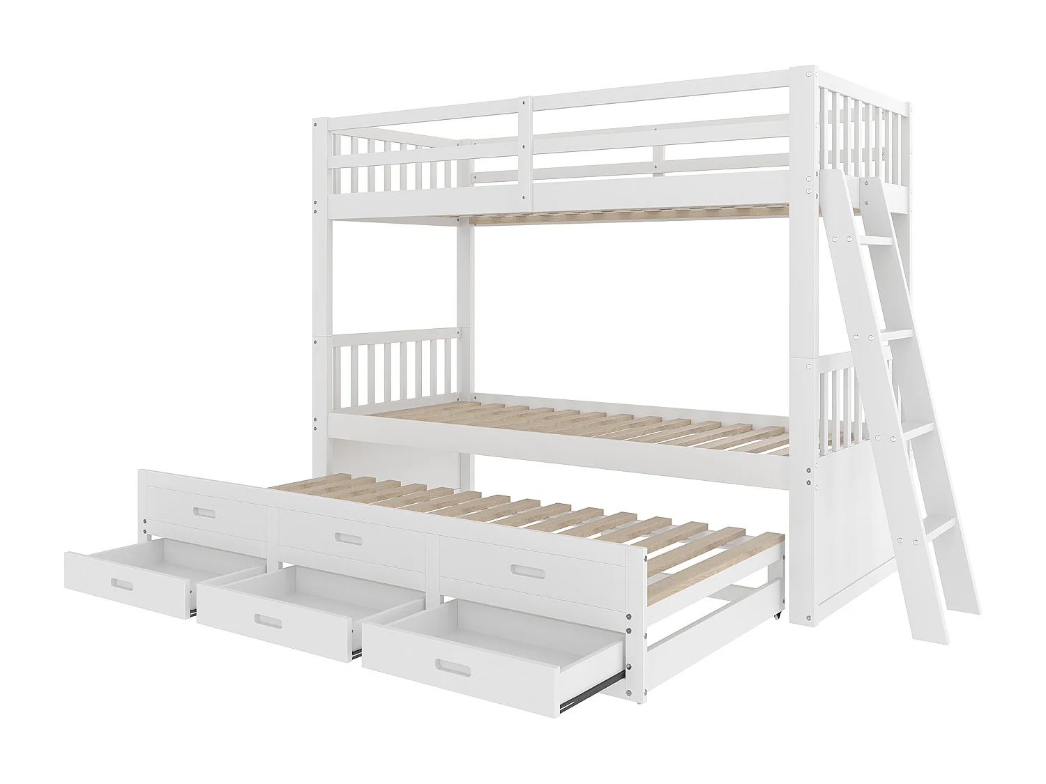 Etagenbett 90x200cm – mit Ausziehbett und 3 Schubladen – aus massivem Kiefernholz und MDF – Weiß