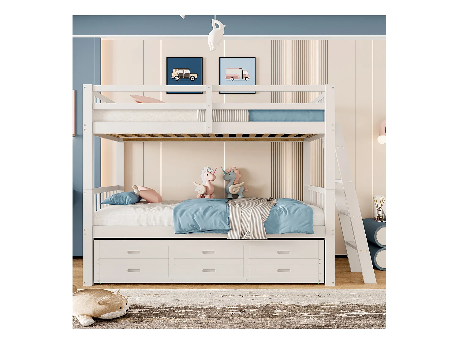 Litera 90x200cm - con cama nido y 3 cajones - en madera maciza de pino y MDF - Blanco