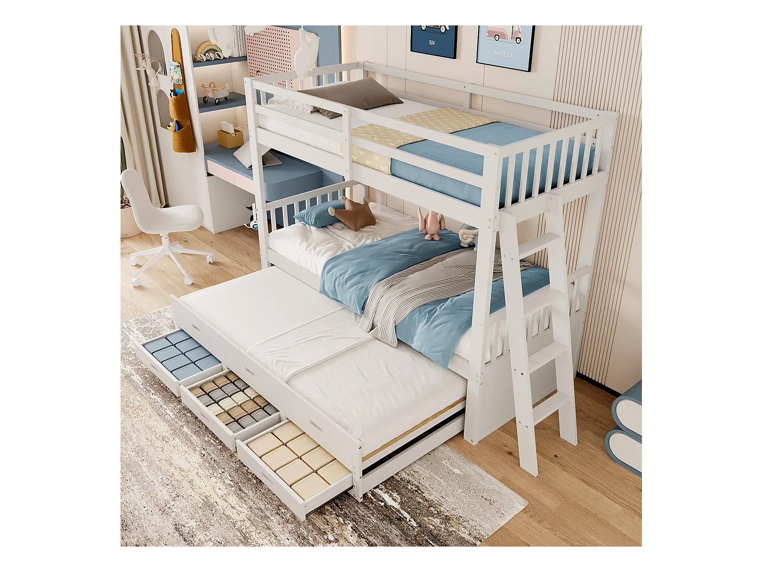 Litera 90x200cm - con cama nido y 3 cajones - en madera maciza de pino y MDF - Blanco