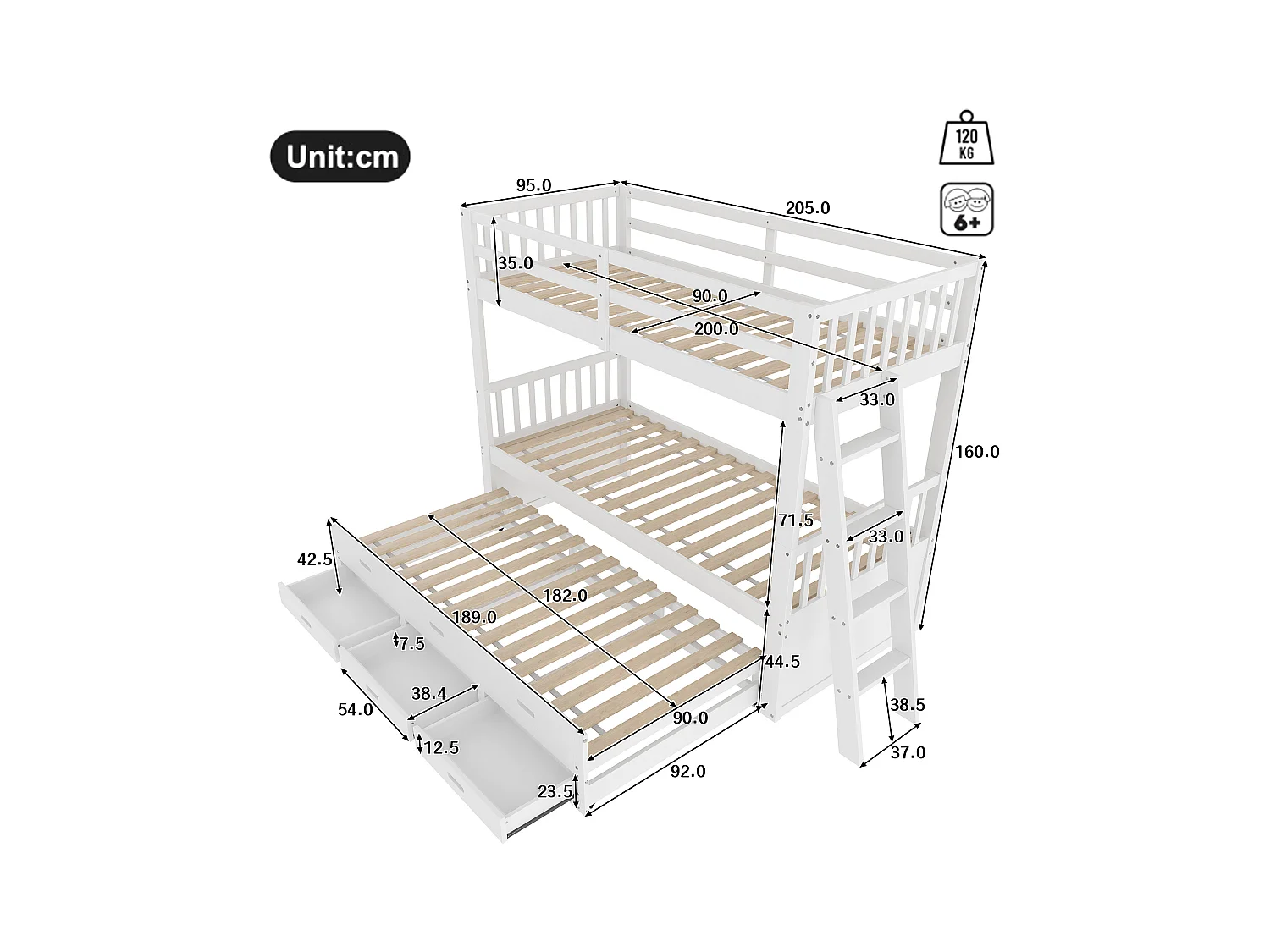 Litera 90x200cm - con cama nido y 3 cajones - en madera maciza de pino y MDF - Blanco