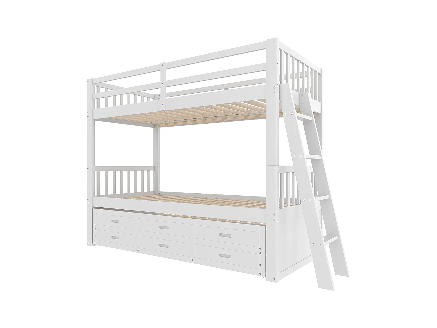 Litera 90x200cm - con cama nido y 3 cajones - en madera maciza de pino y MDF - Blanco