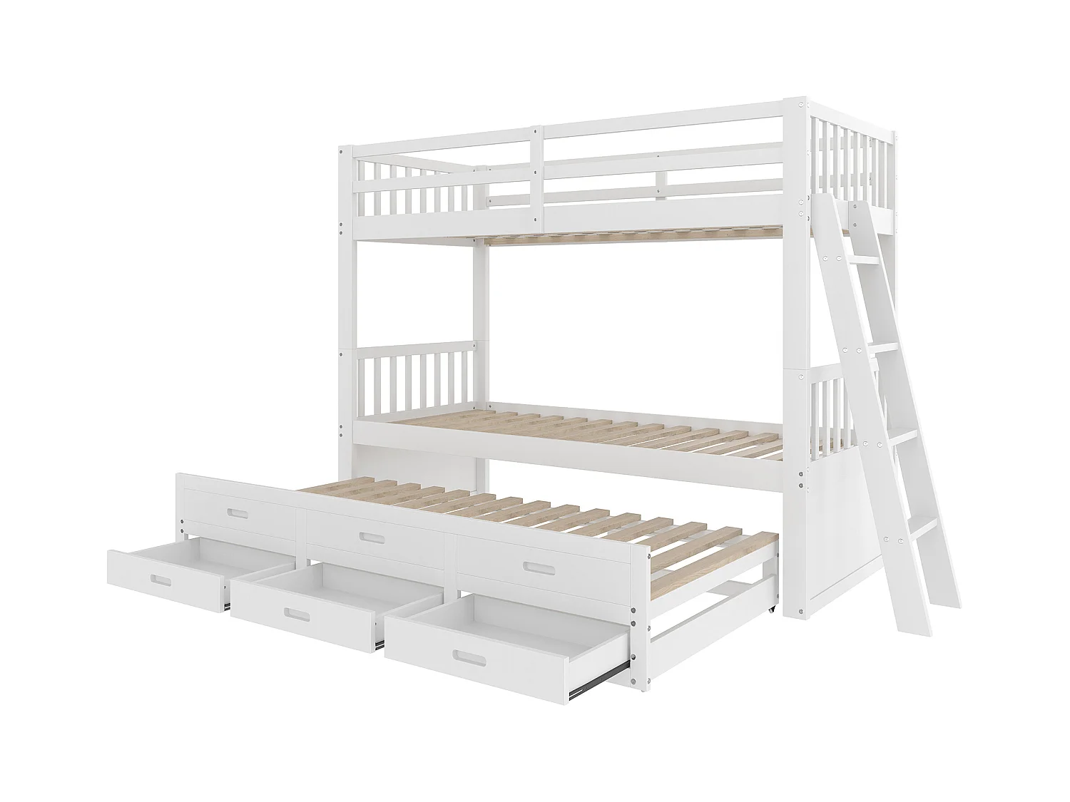 Litera 90x200cm - con cama nido y 3 cajones - en madera maciza de pino y MDF - Blanco