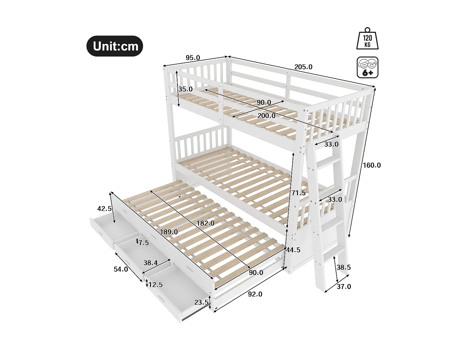 Letto a castello 90x200 cm - con letto estraibile e 3 cassetti - in legno di pino massiccio e MDF - Bianco