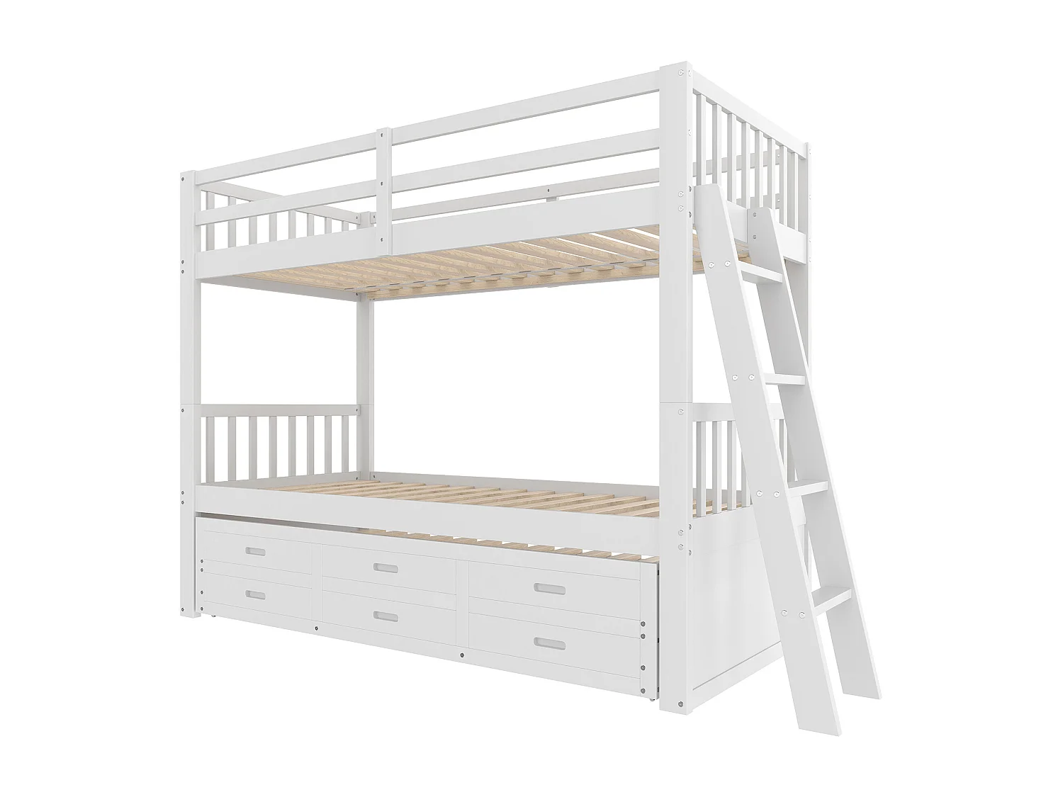 Letto a castello 90x200 cm - con letto estraibile e 3 cassetti - in legno di pino massiccio e MDF - Bianco