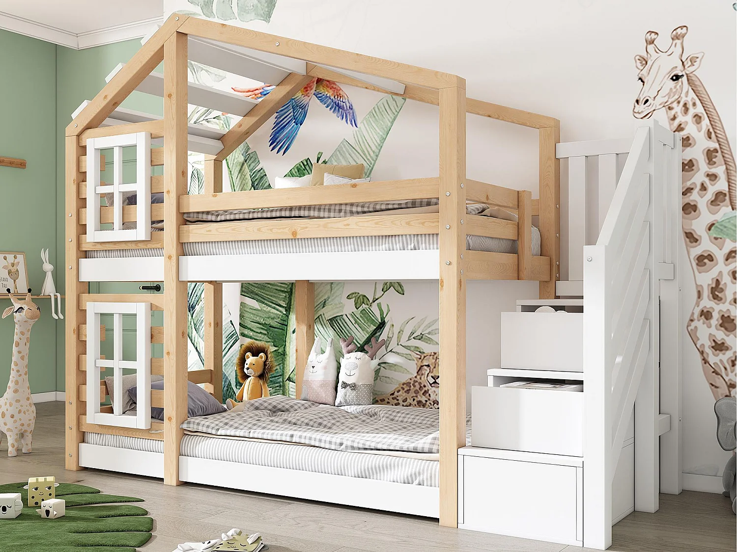 Letto a castello in pino massiccio con barriere anticaduta e scala portaoggetti - 90x200 cm - naturale e bianco