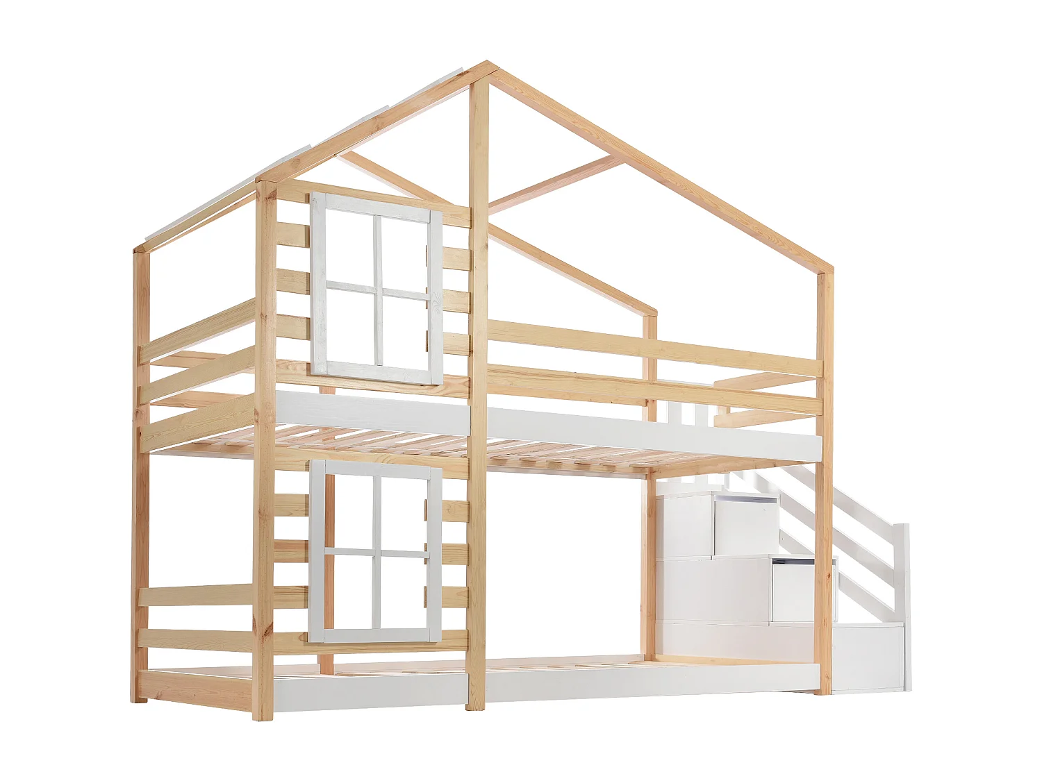 Massief grenen stapelbed met valbeveiliging en opbergtrap - 90x200cm - naturel en wit