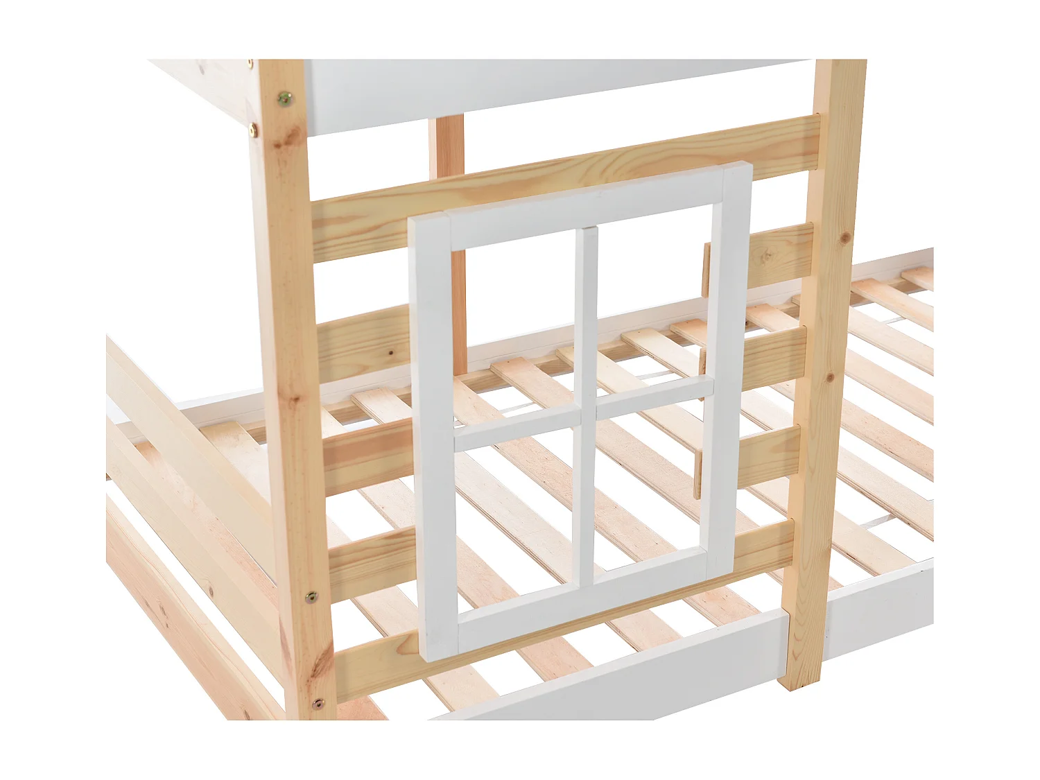 Lit superposé 90x200cm en bois massif - avec barrières anti-chutes et escalier de rangement - Naturel & Blanc