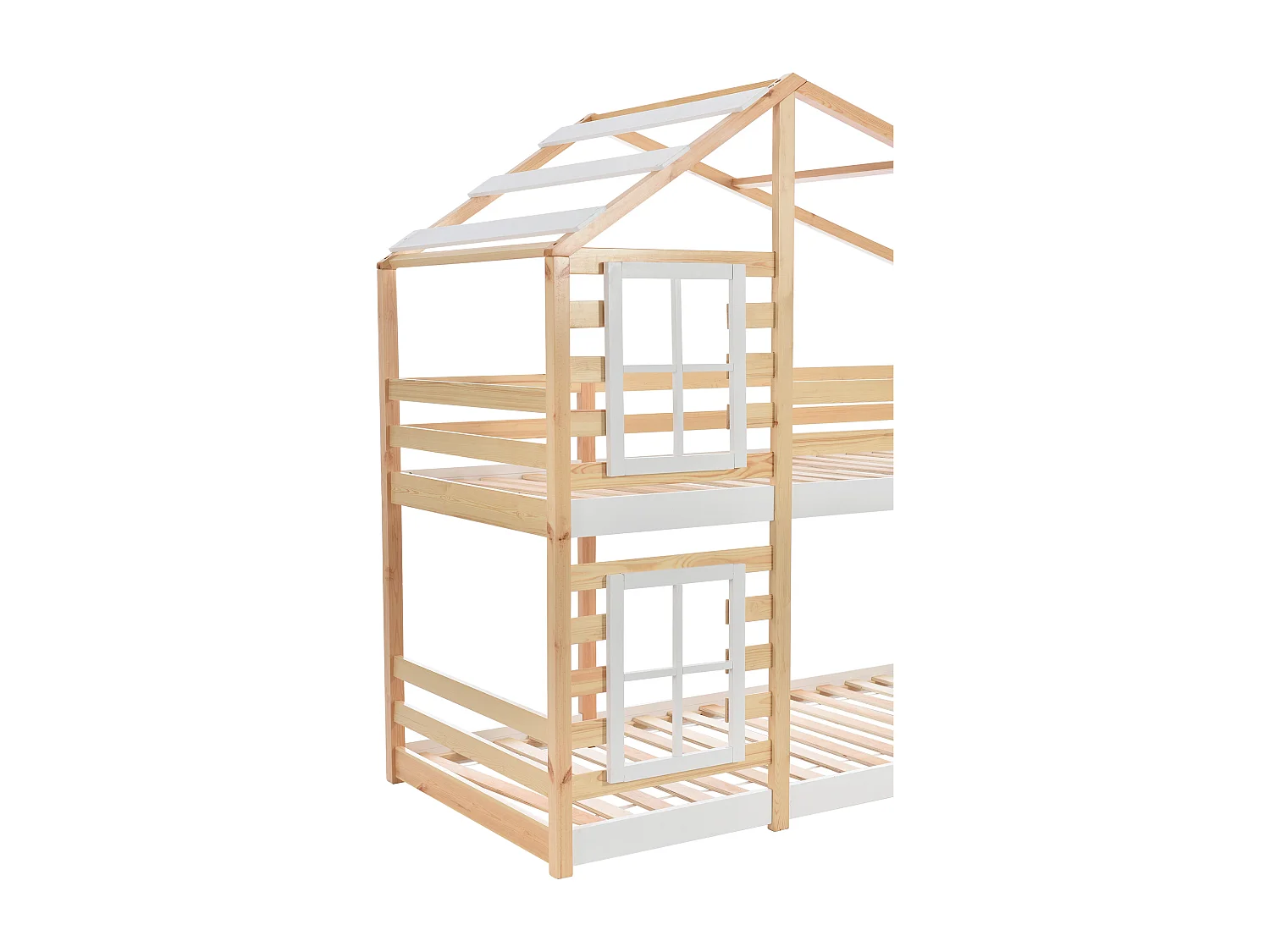 Lit superposé 90x200cm en bois massif - avec barrières anti-chutes et escalier de rangement - Naturel & Blanc