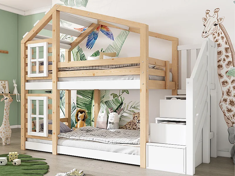 Lit superposé 90x200cm en bois massif - avec barrières anti-chutes et escalier de rangement - Naturel & Blanc