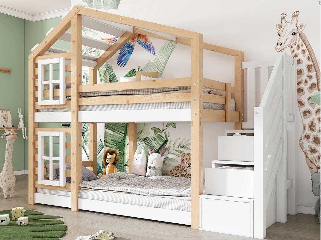 Massief grenen stapelbed met valbeveiliging en opbergtrap - 90x200cm - naturel en wit