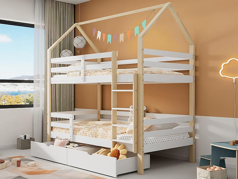 Stapelbed 90x200cm in grenenhout - met 2 lades en ladder - Wit