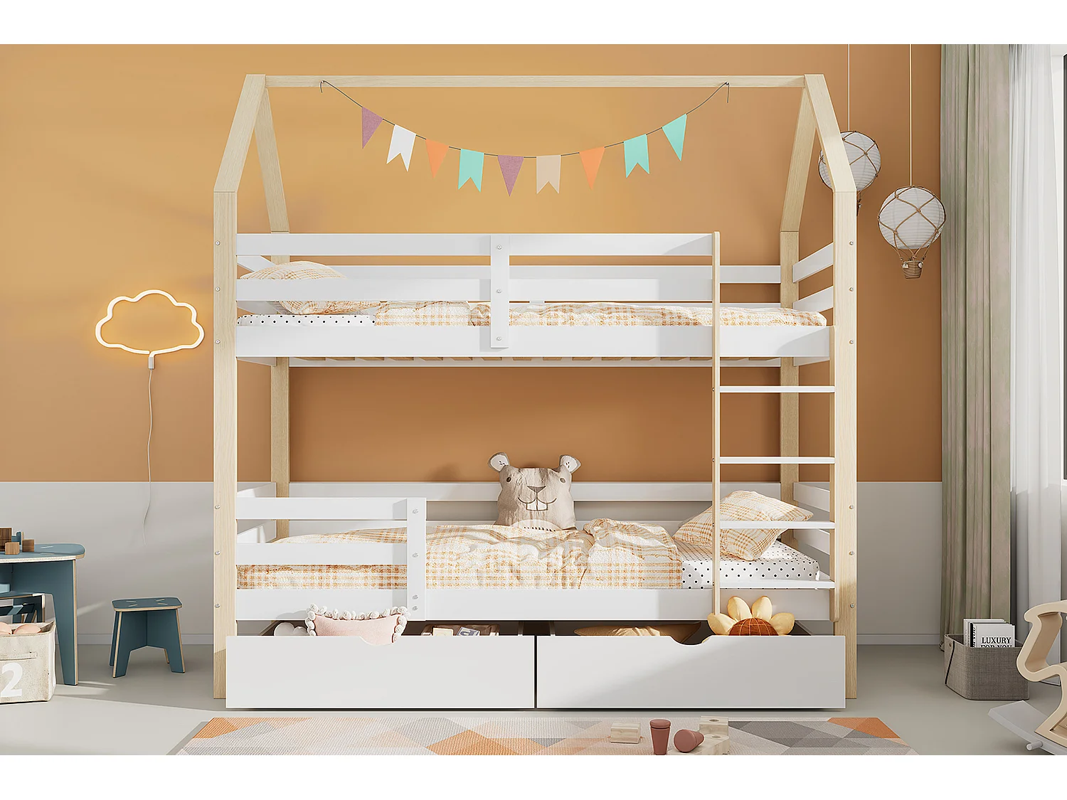 Lit superposé 90x200cm en bois de pin - avec 2 tiroirs et échelle - Blanc