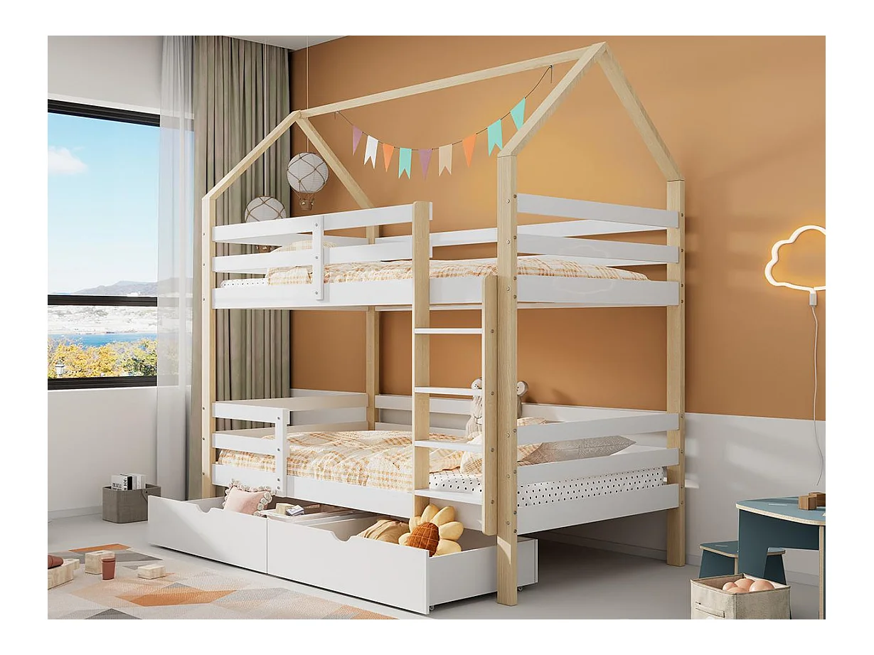 Lit superposé 90x200cm en bois de pin - avec 2 tiroirs et échelle - Blanc