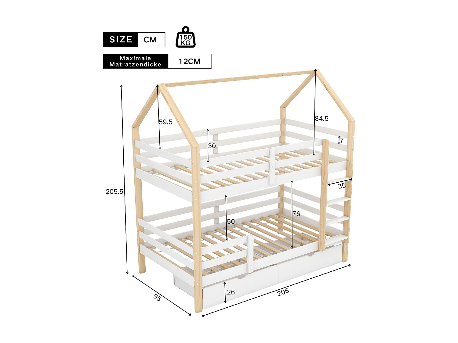 Etagenbett 90x200cm aus Kiefernholz – mit 2 Schubladen und Leiter – Weiß