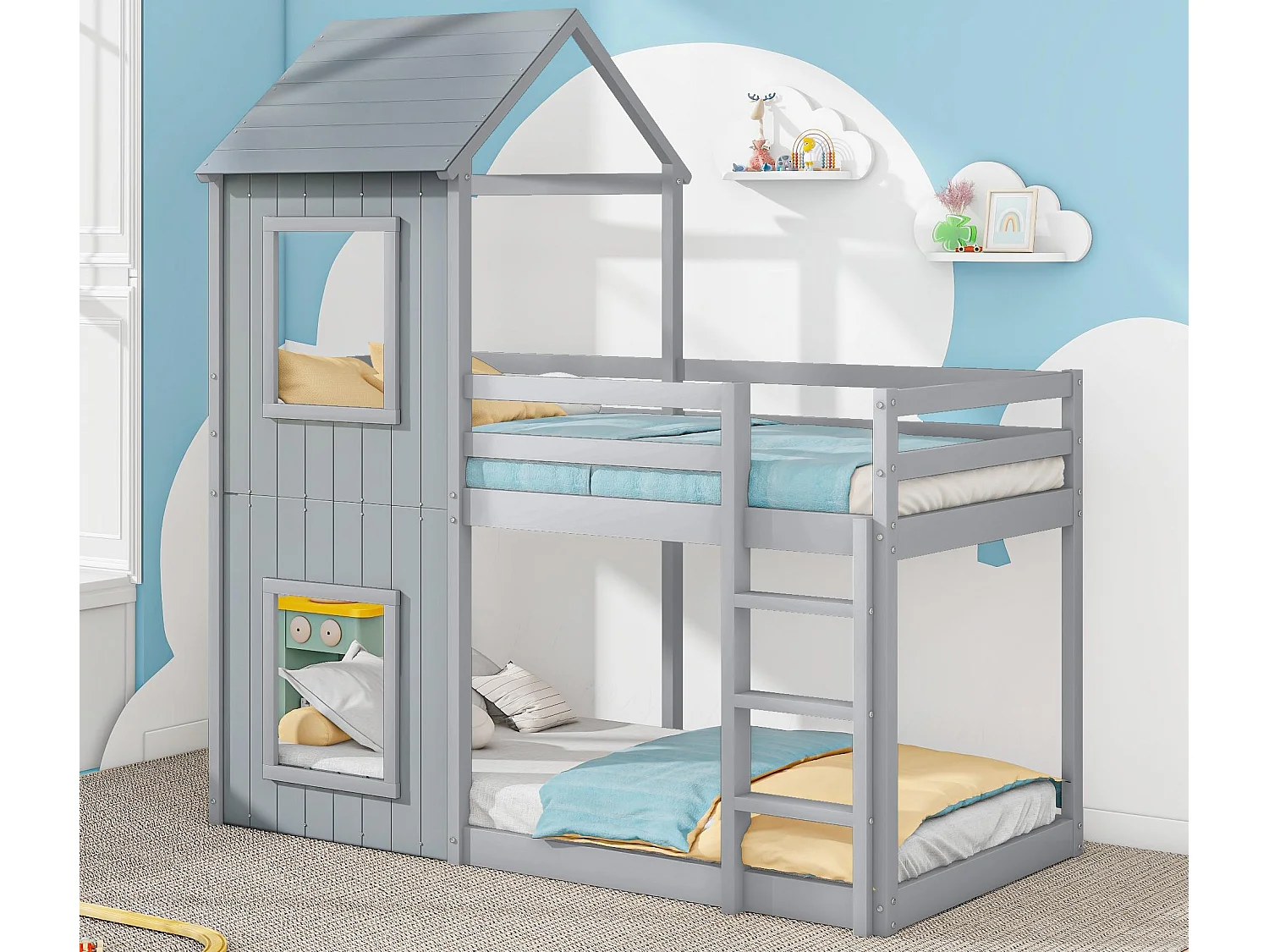 Lit superposé cabane 90x200cm - en bois massif - avec 2 fenêtres - Gris