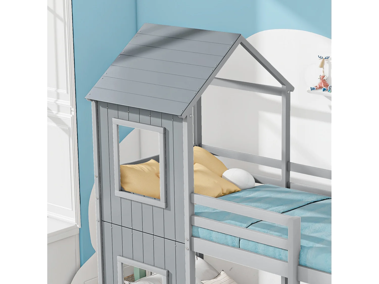 Cabine stapelbed 90x200cm - massief hout - met 2 ramen - Grijs