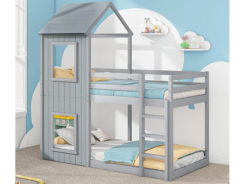 Lit superposé cabane 90x200cm - en bois massif - avec 2 fenêtres - Gris