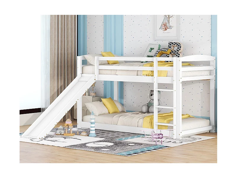 Etagenbett aus Kiefernholz mit Absturzsicherung + Leiter + Rutsche – 90 x 200 cm – Weiß