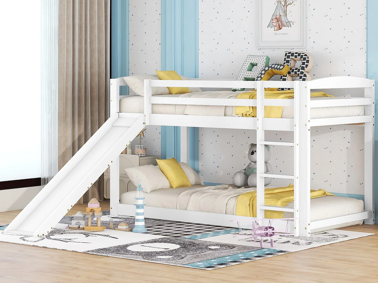 Grenen stapelbed met valbeveiliging + ladder + glijbaan - 90x200cm - Wit