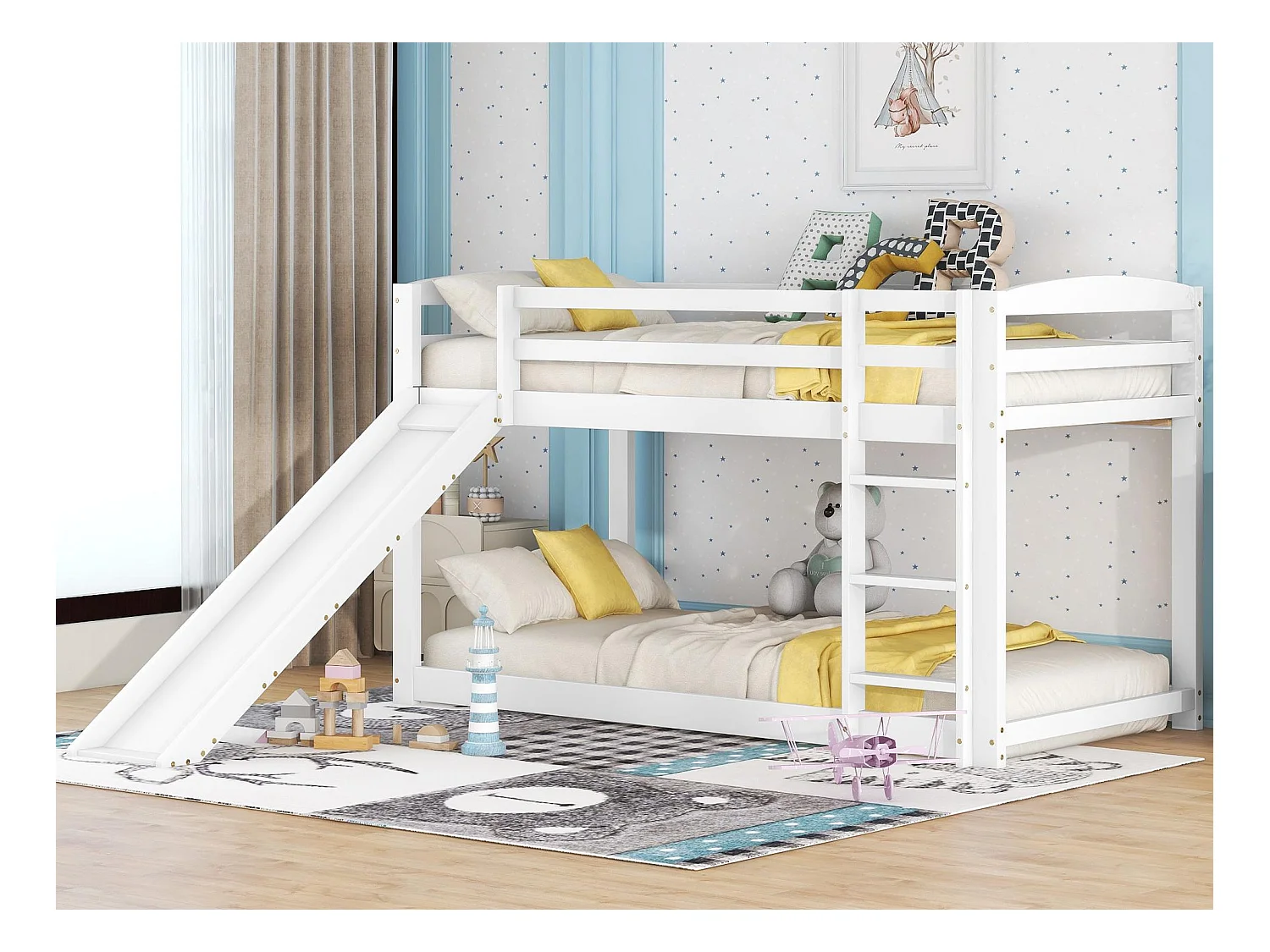 Lit superposé en pin avec barrières anti-chutes + échelle + toboggan - 90x200cm - Blanc