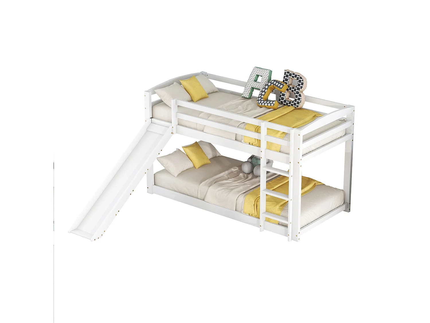 Letto a castello in pino con barriere anticaduta + scala + scivolo - 90x200 cm - Bianco