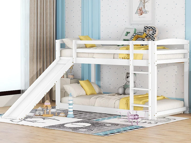 Letto a castello in pino con barriere anticaduta + scala + scivolo - 90x200 cm - Bianco