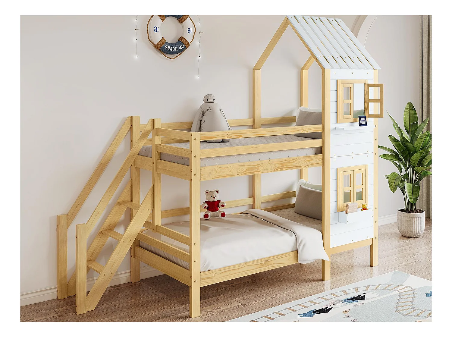 Etagenbett 90x200 cm aus Massivholz - mit Lattenrost - Natur