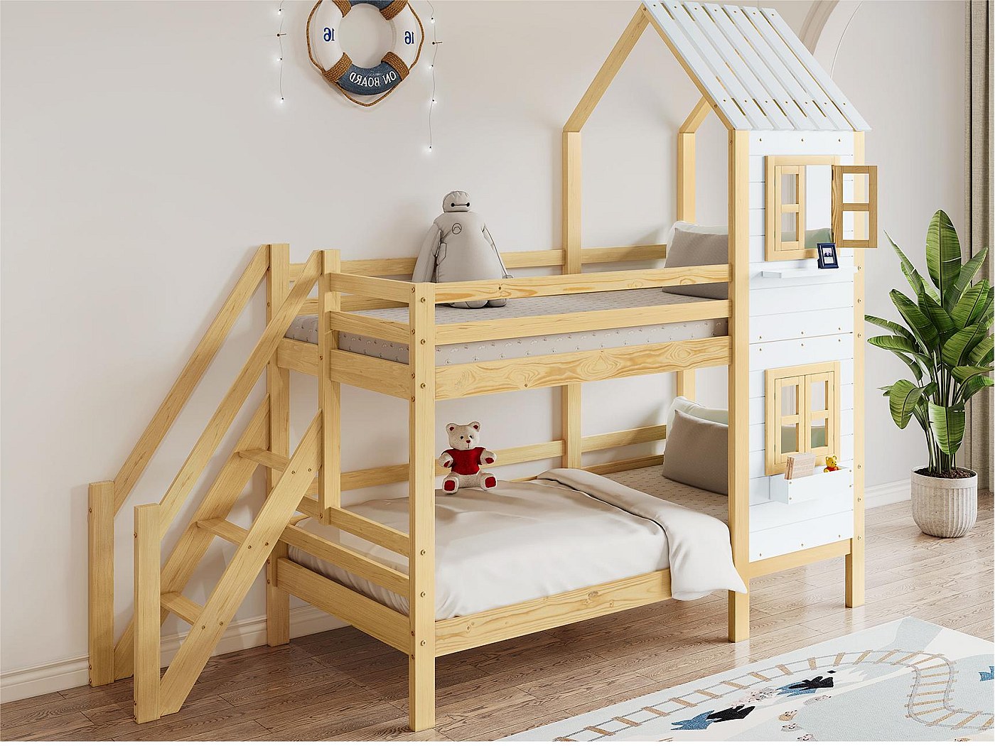 Letto a castello in metallo 90/140x200 cm con letto estraibile. scale. Nero