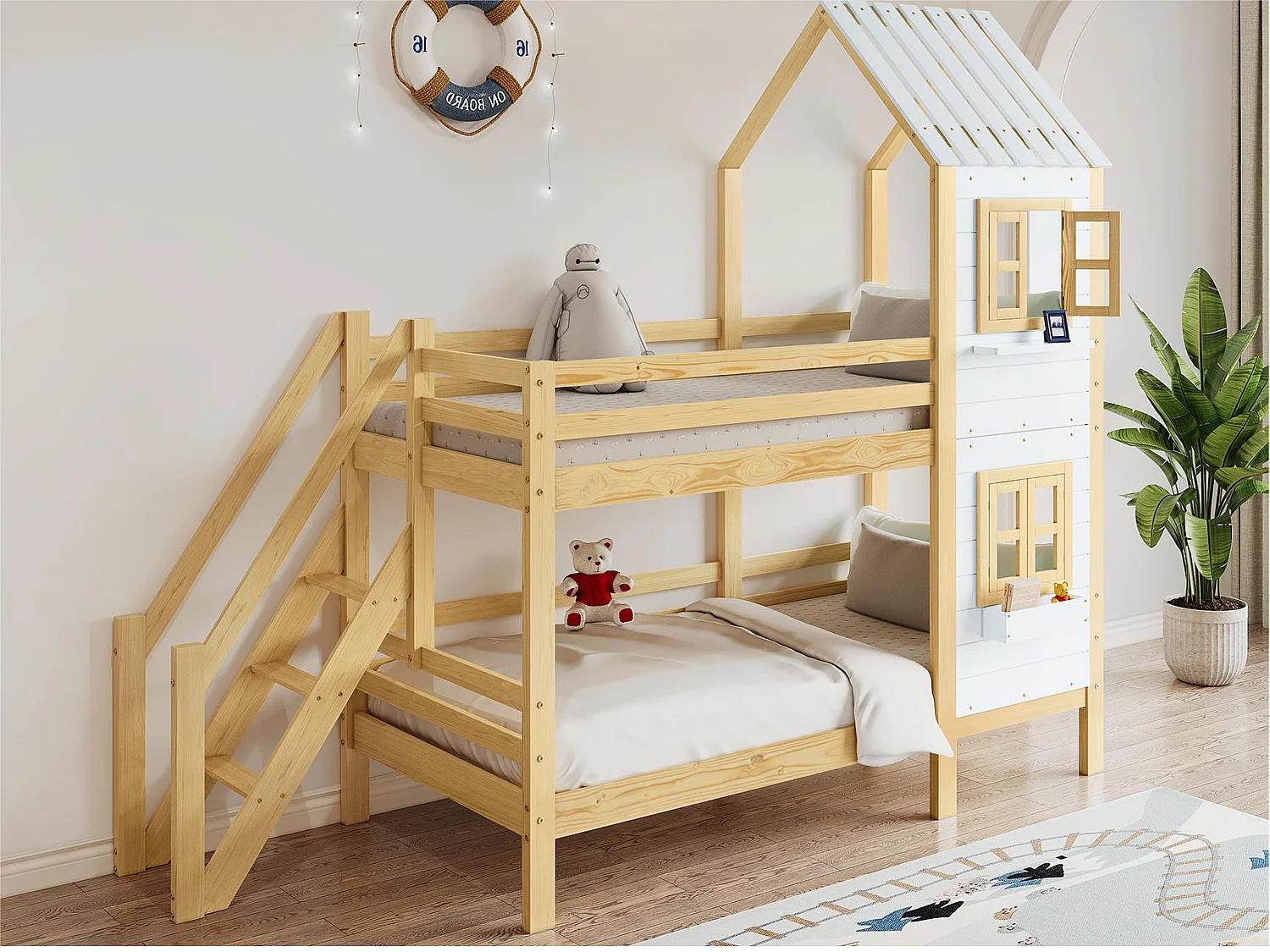 Etagenbett 90x200 cm aus Massivholz - mit Lattenrost - Natur