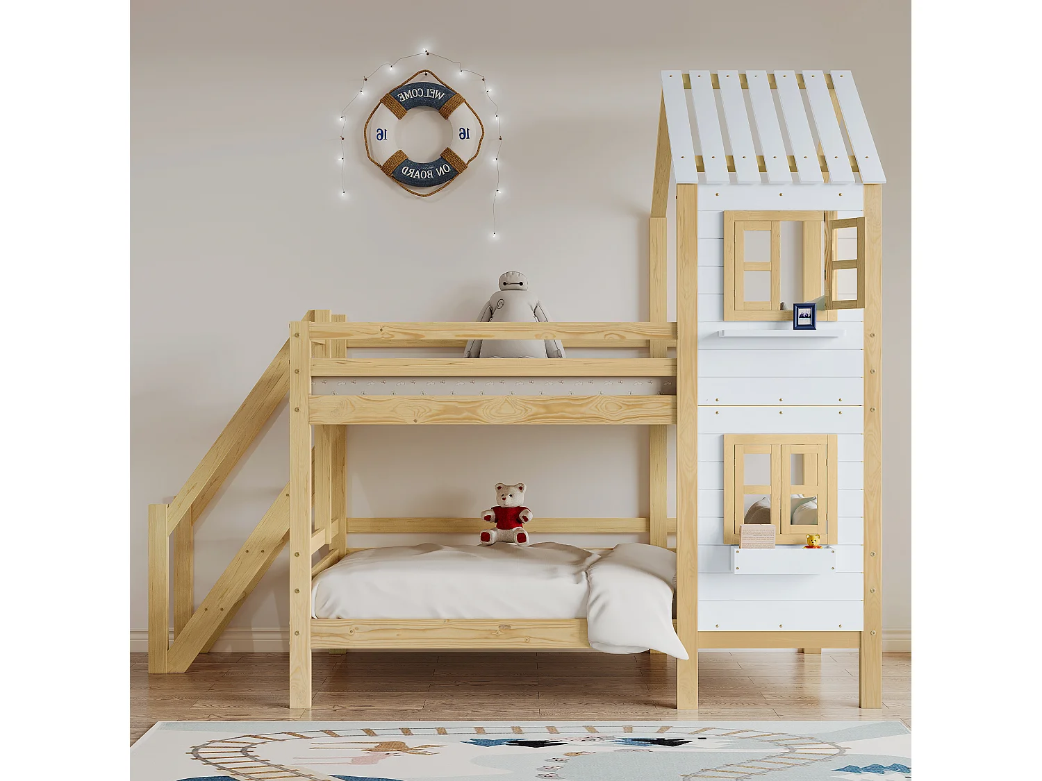 Etagenbett 90x200 cm aus Massivholz - mit Lattenrost - Natur