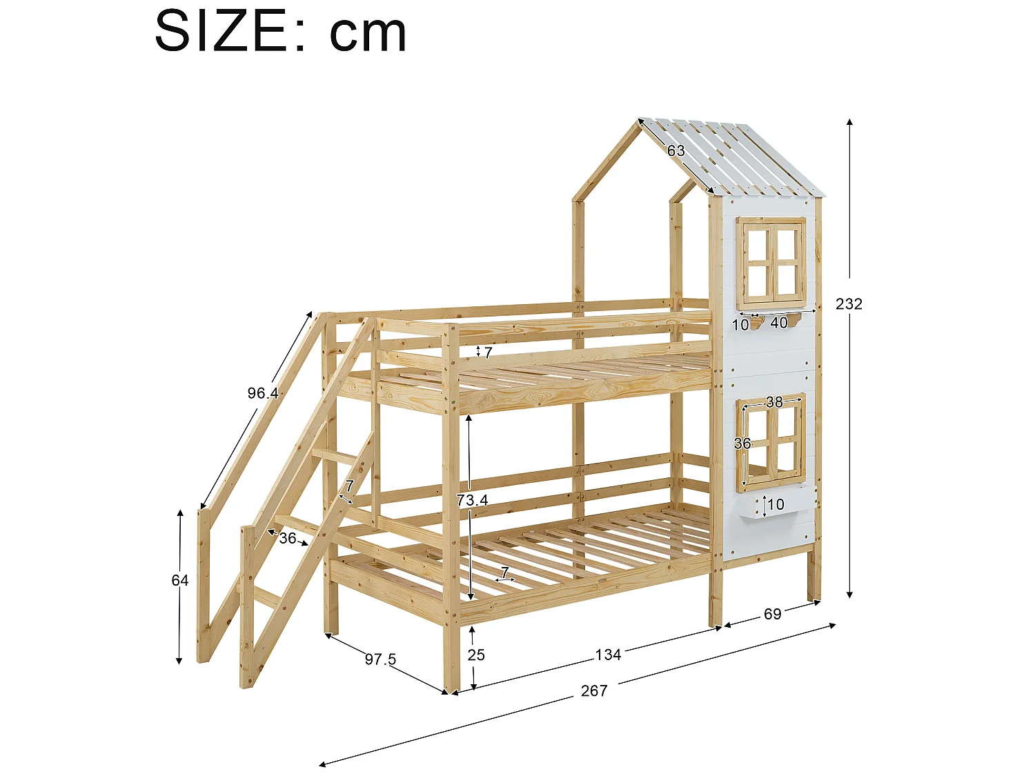 Etagenbett 90x200 cm aus Massivholz - mit Lattenrost - Natur